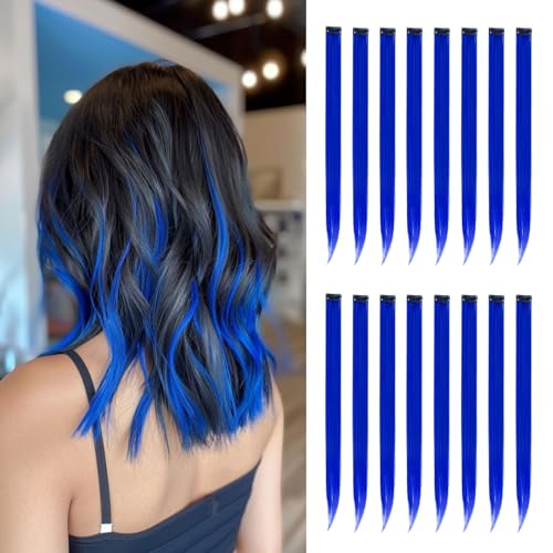 HappClan Blue Hair Extensions, 16 Pcs Colorful Highlights Clip in Hair Extensions Synthetic, 22 inch Rainbow Hairpieces for Girls Women Kids Favor Gift & Dress Up Fashion Party Birthday (Blue Hair)