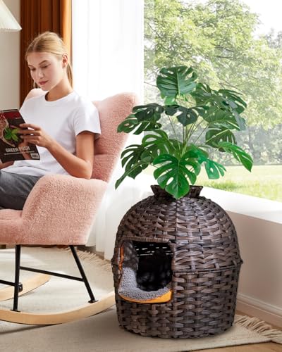 Image of SETVSON Cat Litter Box Plant Furniture Enclosure, Hidden Handwoven Rattan with Cat Litter Box and Artificial Plants, Odor Control Filter, Real Stones in Living Room, Bedroom, Corner (Brown)