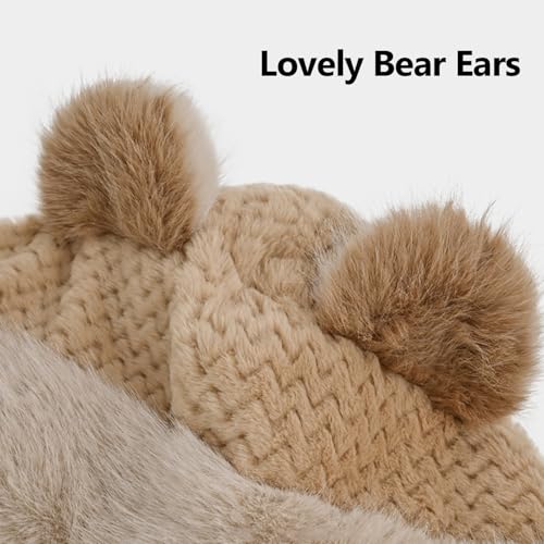 KAHHZA Hooded Scarf Hat Gloves for Women Winter Fur Bear Ears Hat 3 in 1 Plush Animal Hat with Mittens Furry Cute Warm3