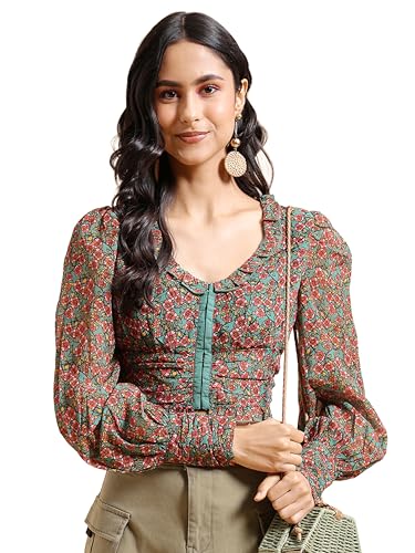 Image of Tokyo Talkies Women's Floral Printed V-Neck Top | Cuffed Sleeves | Elegant & Feminine | Perfect for Work & Casual Chic | Tops for Woman | Women Tops | Women Crop Top