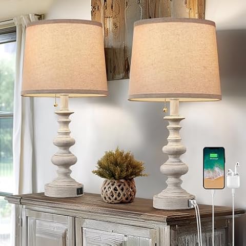 BOWOBO 21" Farmhouse Table Lamp Set of 2 with USB A+C Ports for Bedroom Living Room Vintage Rustic Traditional Nightstand Bedside Lamps Retro Side Table Lamps Pull Chain, Antique Grey Cover