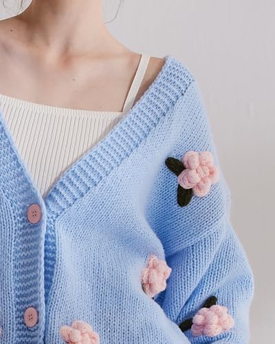 Cardigan Sweater for Women, Long Sleeve V-Neck Button Knit Flower Outfit3