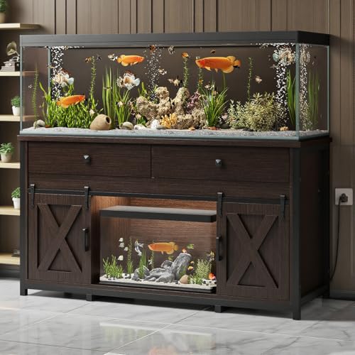 75-120 Gallon Aquarium Stand with Power Outlet - Sturdy Fish Tank Stand, Premium Wood-Textured Fabric Drawer Pulls, 1200-Pound Load-Bearing Capacity, Walnut