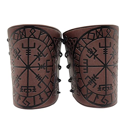 Brassards Vikings Médiévaux En Cuir PU Protège-Bras Nordiques Vegvisir Manchette En Relief Gantelet Bracelet Médiéval Chevalier Armure Brassards En Cuir Pour Femmes Hommes Garçons Cosplay Gn (Marron) Cover