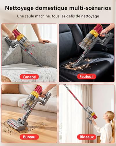 60KPA/600W Aspirateur Balai sans Fil, 75 Minutes Autonomie Aspirateur sans Fil Puissant avec Recharge Murale Écran Intelligent, aspirateur balai puissant pour Les Poils d'animaux/Tapis/Sols Durs – vue 6