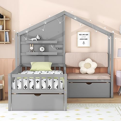 Harper & Bright Designs Kids Twin House Bed Frame with Upholstered Sofa, 2 Drawers and Charging Station, Wood Montessori Bed with LED Light and Shelves, L Shaped Storage Bed for Kids,Boys,Girls,Gray