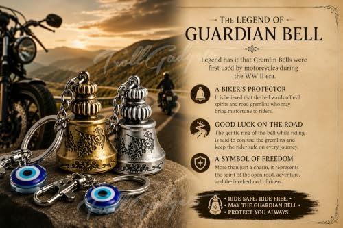 Image of TrollGadgets Premium Guardian Bell Keychain for Bike & Car | Tibetan Texture Bell Keychain with Evil Eye & Silver Hook | Good Luck Charm with Laser-Engraved Box And Potley