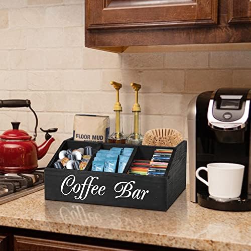 ugiftt Coffee Station Organizer for Counter, Wood Coffee Pods Holder Storage Basket, Tea Condiment Storage Organizer, Rustic Bar Decor for Accessories Organizer