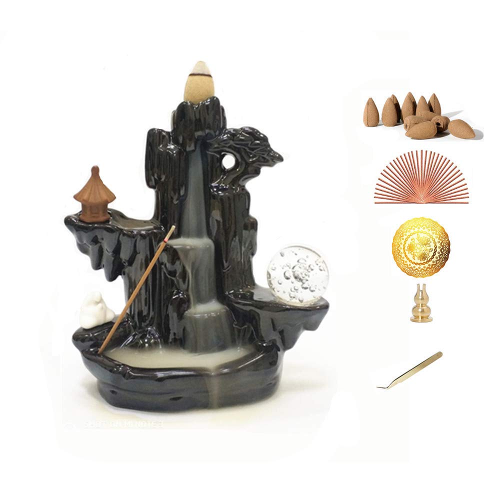 YYXHZC Backflow Incense Holder Waterfall Incense Burner, Mountain Tower Censer Aromatherapy Ornament Home Decor with 60 Backflow Incense Cones ,50 Incense Sticks, Socket, Mat,Clip, Black (CY01700)