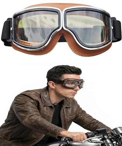 Vintage Motorcycle Goggles (Fits Over Glasses) Retro Aviator Biker Eyewear Compatible Anti-Fog Windproof Eye Protection (Brown)