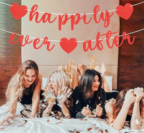 Image of Pre-Strung Happily Ever After Banner - Red Glitter Bachelorette Bridal Engagement Party Decoration Supplies, Bachelorette Wedding Party Banner for Bridal Shower or Engagement Party Photo Booth Props