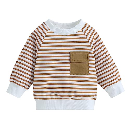 Kids Sweatshirts Soft Cotton Warm Crewneck Cartoon Stripes Long Sleeve Pullover Sweatshirts For Boys (Khaki, 3-4 Years)