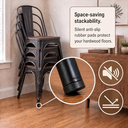 Image of Furmax Metal Dining Chairs with Wood Seat, Indoor-Outdoor Use Stackable Chic Dining Bistro Cafe Side Metal Chairs Set of 4 (Black Gold)