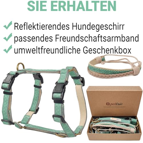 Pettsie No-Pull Hundegeschirr, reflektierend, 4 verstellbare Riemen, einfache Kontrolle mit 2 Leinenclips, passendes Freundschaftsarmband, weicher Hanf für empfindliche Haut, L, Türkis