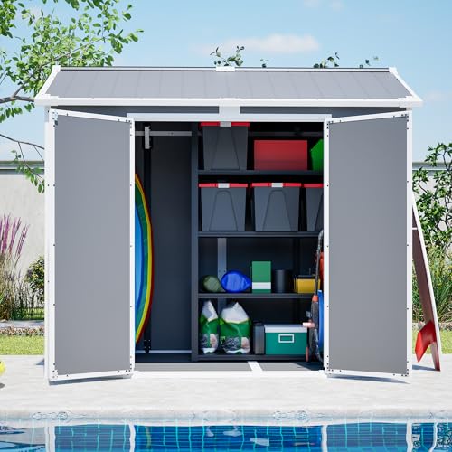 Image of YOPTO 8x6 FT Plastic Shed,Outdoor Storage Shed W / 2 Windows & Floor,Resin Garden Tool House W /Lockable Door,Integrated Drainage Holes & Air Vents,for Backyard,Patio,Lawn,Gray-White