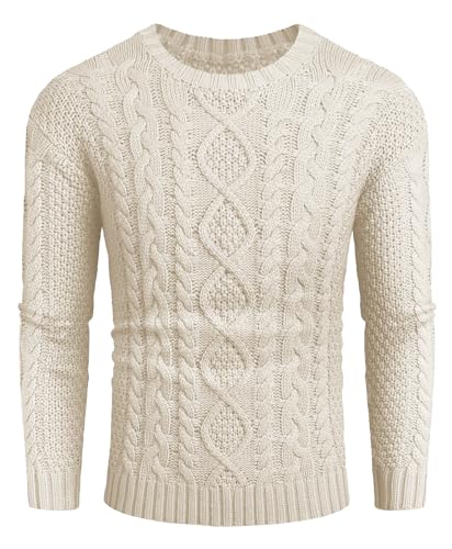 Runcati Strickpullover Herren Grobstrick Zopfmuster Pullover Herbst Winter Rundhals Pulli Sweater, Beige, M