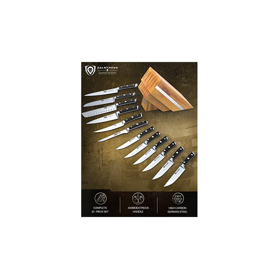 DALSTRONG-12-Piece-Knife-Block-Set-Gladiator-Series-Black-Handles-German-HC-Steel-Hand-made-Manchurian-Ash-Wood-Block-NSF-Certified DALSTRONG Gladiator Series Elite 12-Piece Stainless Steel Knife Set with Block-Handmade Manchurian Ash Wood-German High-Carbon Steel-Gift Wooden Knife Block Set w/Black Handles-NSF Certified