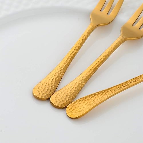 Miniatura 7 de QOBIMOON Juego de 12 tenedores de ostra, tenedores de acero inoxidable, superficie martillada, cubiertos de 5.3 pulgadas, color dorado