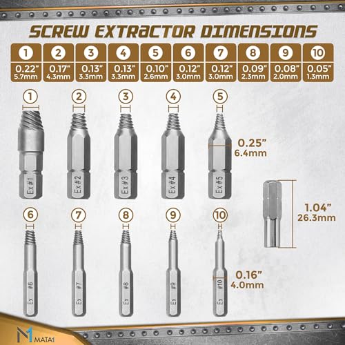 Mata1 - Screw Extractor Set for Stripped, Broken, Damaged Screws - 22 pc, Silver - Remover Kit w/Drill Bits, Extractors, Bit Extension & Socket Adapter