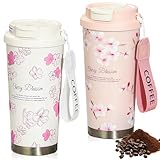 GOEDCH Kaffeebecher To Go: 2 Stück 500ml Thermobecher, Edelstahl Travel Mug mit Auslaufsicherem Deckel und Strohhalme, Kirschblüten, Pfirsichblüten Isolierbecher für heißes, kaltes Wasse, Kaffee, Tee