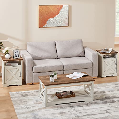 Farmhouse 3-Piece Table Set with Charging Station and USB Ports for Living Room, Bedroom - White