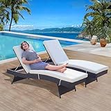 DEVOKO Set of 2 Outdoor Patio Recliner Lounger Chair 5 Position Adjustable Backrest with All Weather Wicker Waterproof Cushion Sun Lounger for Poolside, Garden Balcony (Dark Brown & Off-White)
