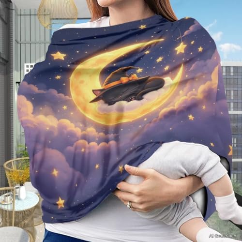 Image of Wanyint Baby Car Seat Cover Nursing Scarf Car Seat Canopy Shopping Cart High Chair Cover Protect Babies and Breastfeeding Mothers Halloween Decoration, Black Cat Witch Moon Star