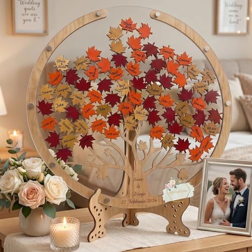 Image of Personalized Maple Tree Wedding Guest Book Alternative, Fall Leaf Drop Box | Fall autumn maple leaf tree drop box guest book, alternative wedding reception sign in keepsake for bride groom