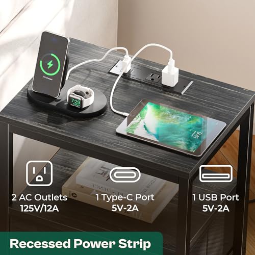 Image of Huuger Nightstand with Charging Station, 27.6 Inch Side Table with Fabric Drawers, End Table Bedside Table with USB Ports and Outlets, Night Stand for Bedroom, Charcoal Black Wood Grain Print