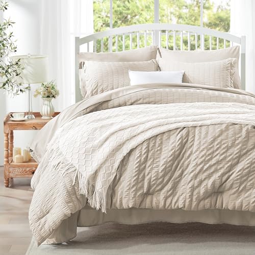 Image of Zzlpp Twin Comforter Set 5 Pieces, Beige Seersucker Bed in a Bag with Comforter and Sheets, All Season Bedding Sets with 1 Comforter, 1 Pillow Sham, 1 Pillowcase, 1 Flat Sheet, 1 Fitted Sheet