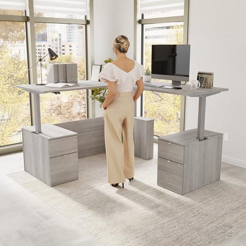 Image of Bush Business Furniture 72-inch Height Adjustable L Shaped Standing Desk with Drawers, Ergonomic Sit-Stand Computer Table for Office, Stratus Collection, Platinum Gray with Metallic Gray Base