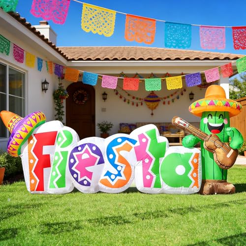 DomKom 7FT Long Cinco De Mayo Inflatable Fiesta Cactus with Colorful Letters, Mexican Party Decor with Sombrero Guitar and Built-in LEDs Light Blow up for Garden Lawn Yard