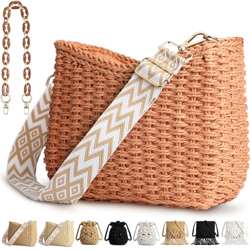 Straw Handbags Purses Crossbody Pocketbook Bag Casual Woven Beach Bags Summer Hobo Hippie Chic Tote Bags with Chain Chic/Red