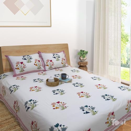 Image of TOAI Hand Block Printed Bedsheet | Bed Sheet Flatsheet | Pure Cotton | Double Bed King Size 108 inchx108 inch | 180 TC Bedsheets | Includes 2 Pillow Covers (Blue Pink Florals On White)