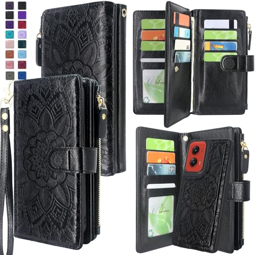 Harryshell Detachable Wallet Leather Case Compatible with Motorola Moto G Stylus 5G 2024 Magnetic Phone Case Zipper with Cash Coin Pocket Multi Card Slots Holder Wrist Strap (Flower Black)