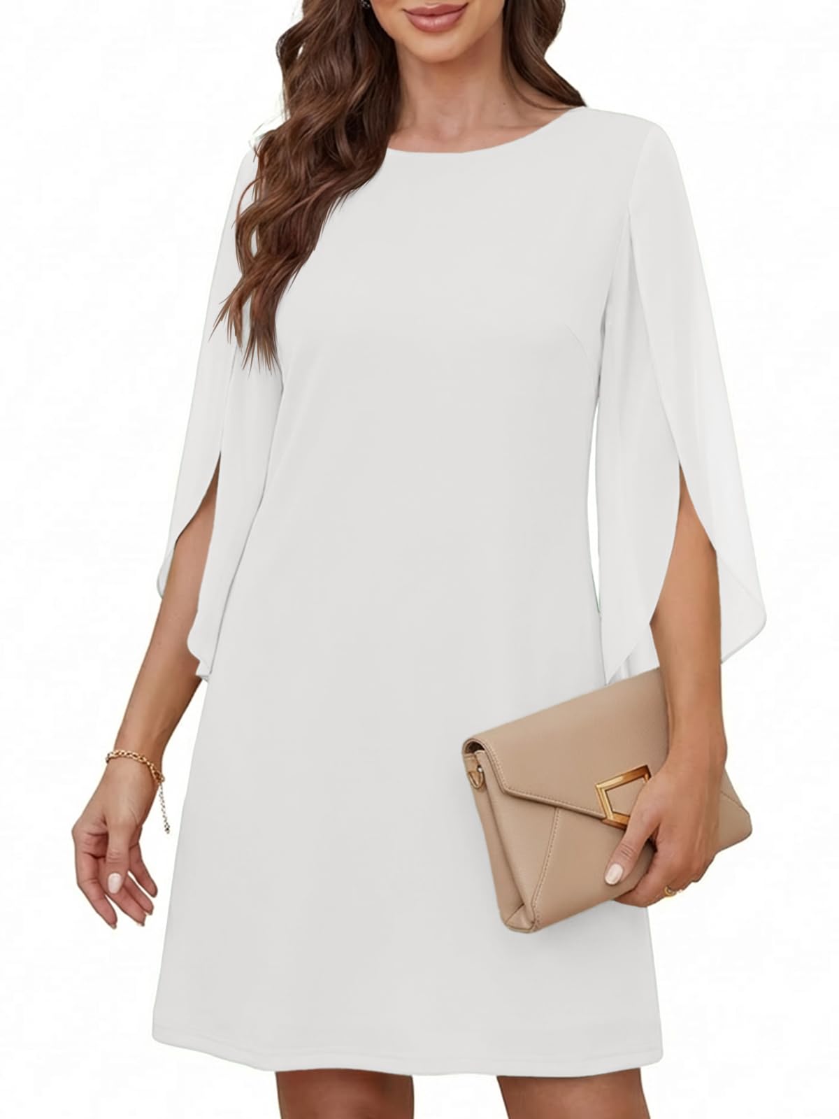 Cicy Bell Damen Rundhals Cocktailkleid Elegant Kleid Mesh 3/4 Arm Partykleid Einfarbig Freizeitkleid Knilang Sommerkleid