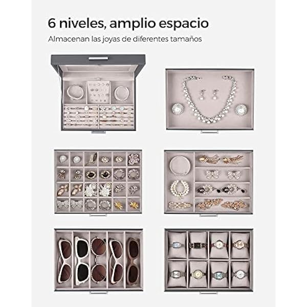 SONGMICS Joyero con Gran Capacidad, Joyero de 6 Niveles, con Cajón y Espejo, para Bisuterías, Relojes, Cosméticos, Anillo, Gafas de Sol, Gris JBC138G01