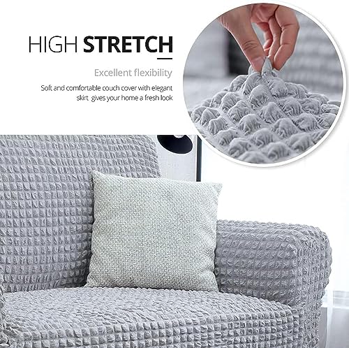 Image of House of Quirk Turkish Bubble Frill Five Seater 3 + 2 Sofa Slipcovers 280 GSM, Durable Washable Universal Triple Seater High Elastic Furniture Protector (Smoke)