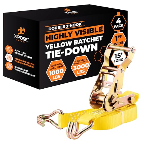 Image of Xpose Safety 4-Pack Retractable Ratchet Straps with Double J Hooks, Heavy Duty 1 inch x 15', 3,000 lbs Break Strength Tie-Downs for Truck, Trailer, Kayak & Motorcycle