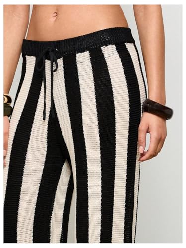 Verdusa Women's Crochet Knit Wide Leg Pants Comfy Striped Casual Long Trousers4