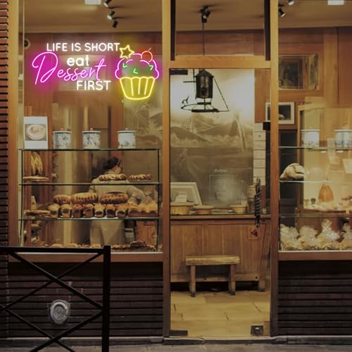 Image of Life Is Short Eat Dessert First Neon Sign, Dessert Cake Store Wall Decor, Cupcake Bakery Led Lights, Strawberry Cake, Tea & Cake Shop, Restaurant Gaming Hotel Shop Club Restaurant, Family Party