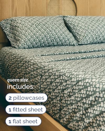 Image of Queen 4 Piece Floral Sheet Set - Soft, Breathable & Cooling - Green Meadow | 1 Flat, 1 Fitted & 2 Pillowcases w / Deep Pockets, Boho Botanical Floral Bedding, Breathable & Cooling, Wrinkle & Fade Free