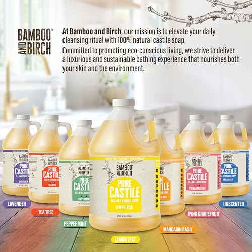 Image of BAMBOO AND BIRCH Pure Castile Soap Liquid, Certified Palm Oil Free Natural Soap, Lemon Zest, 128 oz