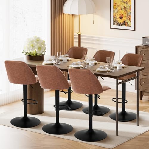 COLAMY Bar Stools Set of 2, Modern Swivel Bar Chairs, Adjustable PU Leather Upholstered Barstools Counter Height with Full Backrest for Bar, Dining Room, Kitchen Island, Brown