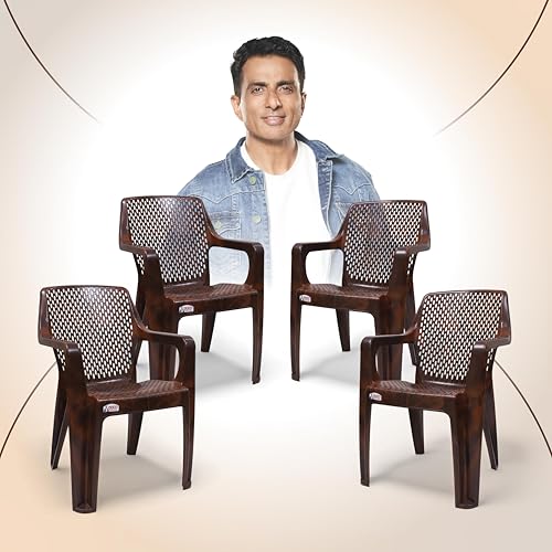Image of AVRO Furniture Signature Heavy Duty Plastic Chair for Home, Office & Outdoor, Solid Back Support, Comfortable Seating with Arm, Ergonomic and Stackable, Pre-Assembled, 150 Kg Capacity, Set of 4, Brown
