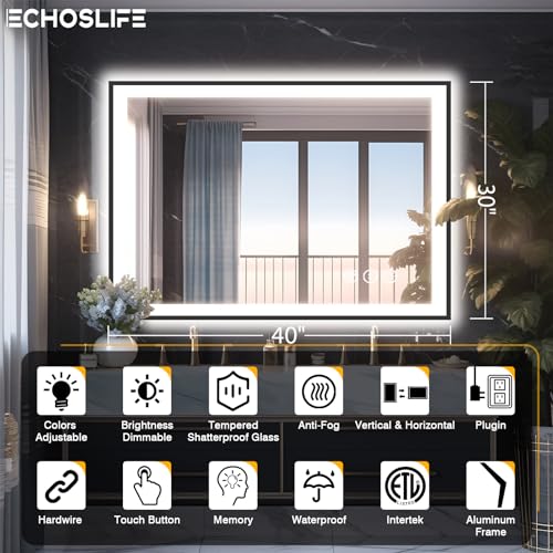 40x30 LED Lights Bathroom Mirror -Black Aluminum Rimmed(Front lit and Backlit),Anti-Fog Vanity Mirror with Lights,Stepless Dimmable Lighted Mirror,3 Colors Smart Mirror(Horizontal/Vertical)