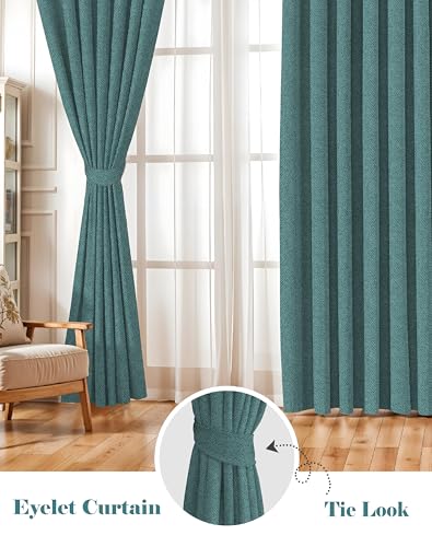 Image of Casableu Twillbone Digital Print 85% Blackout Curtains for Long Door /Window, Thermal Insulated, Tie Back, Wider Width 50 in, Eyelet Curtains for Living Room /Bedroom (Teal 9 ft Set of 2)