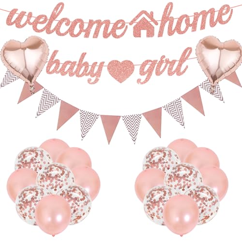 Welcome Home Baby Girl Decorations - 22 Pcs Rose Gold Balloons Banners Pennant Flag Bunting Welcome Home Glitter Banner Confetti Balloons For Home Family Girls Baby Shower Welcome Back Party Supplies