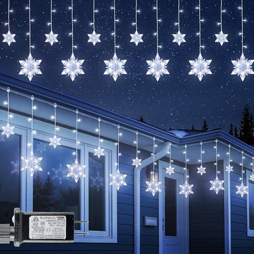 Qunlight Snowflake Icicle Lights,8.2ft 144LED Curtain Fairy Light with 12 Drops,Connectable 8 Mode Timer Snowflake Christmas Lights Plug in for Bedroom,Window,Wedding,Indoor Outdoor Xmas Decor,White