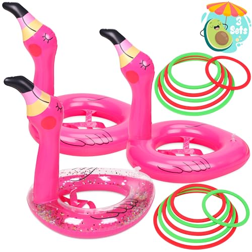 3 PCS Flamingo Inflatable Ring Toss Game - Pool Party Toys Supplies Luau Decorations